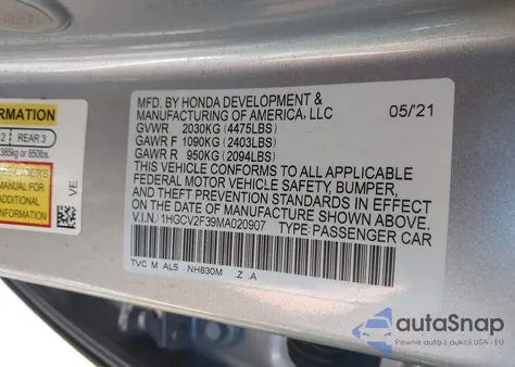 2021 Honda Accord Sport 2.0T z USA, uszkodzony, nr VIN 1HGCV2F39MA020907